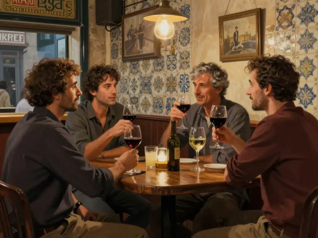 scène conviviale bar lisbonne vin ginjinha