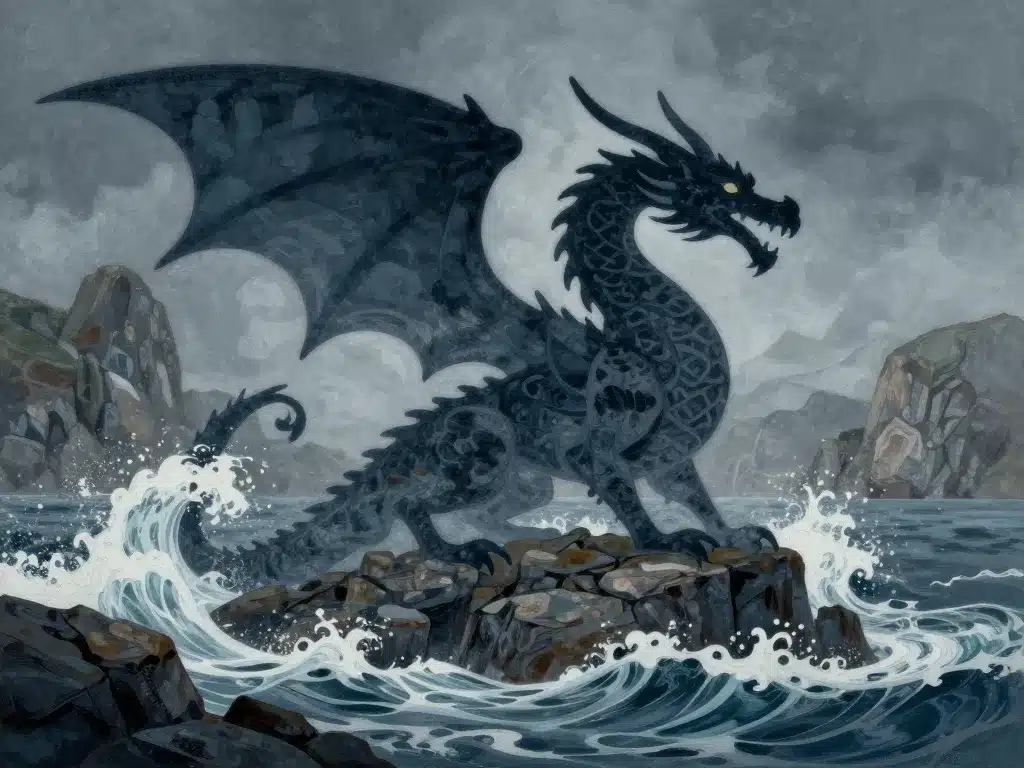 Symbole mythique du dragon de Landunvez et paysage côtier