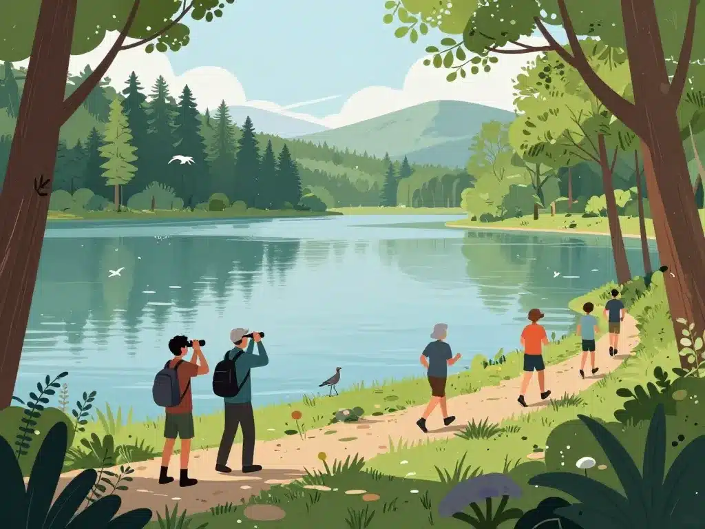 famille et randonneurs autour d’un lac ile de france en pleine nature