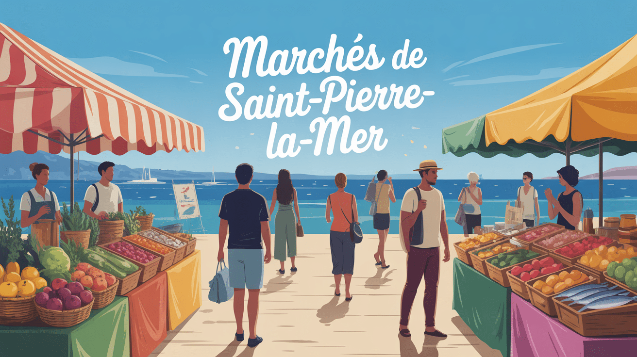 illustration marchés saint pierre la mer scène animée bord de mer