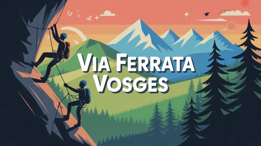 Illustration via ferrata Vosges avec grimpeurs sur montagnes