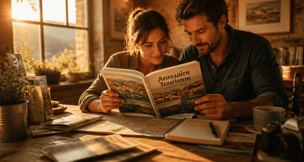 Couple consultant annuaire tourisme sur table