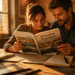 Couple consultant annuaire tourisme sur table