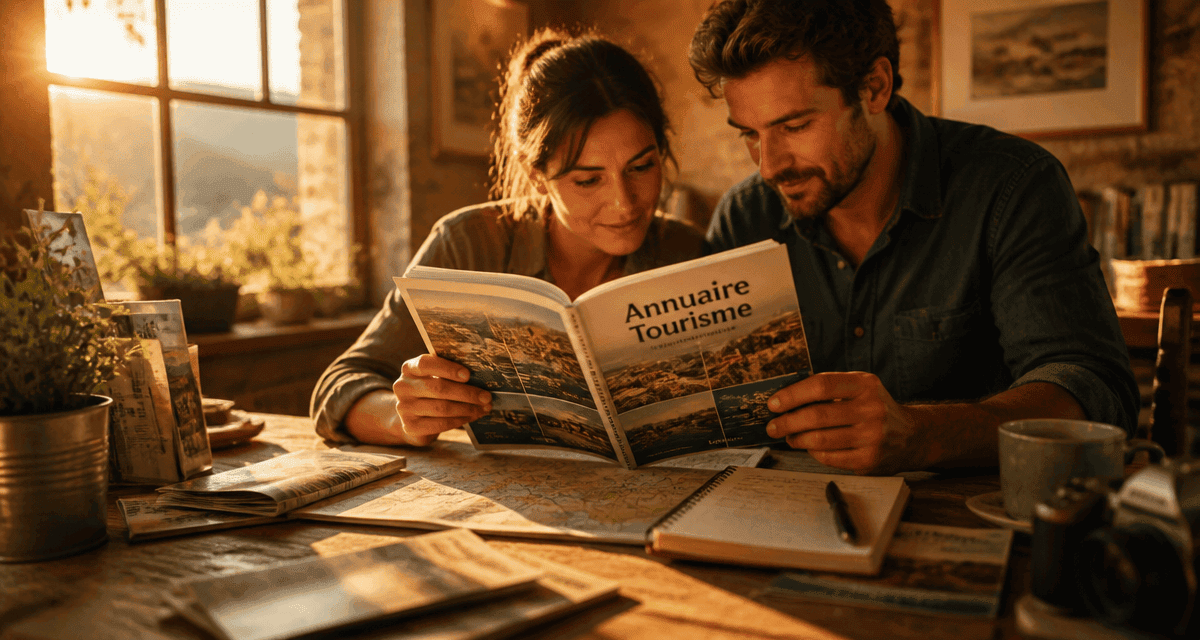 Couple consultant annuaire tourisme sur table