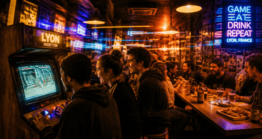 Soirée dans un bar gaming Lyon avec borne d’arcade et amis