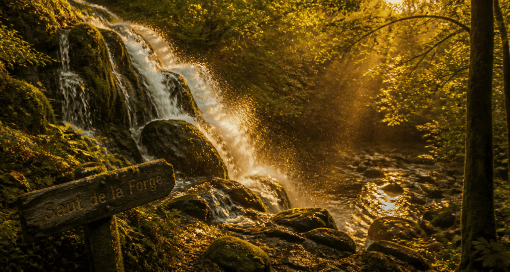 Cascade du Saut de la Forge au soleil doré depuis le sentier
