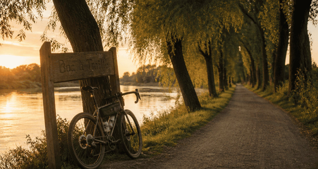 chemin du bac à traille piste cyclable Rhône coucher de soleil