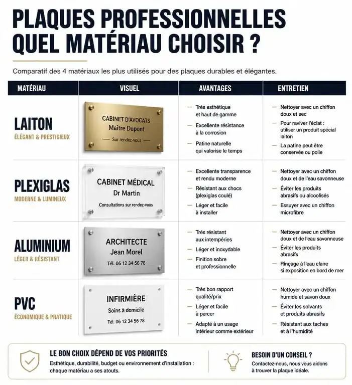 Comparatif des matériaux pour plaque professionnelle libérale : laiton, plexiglas, aluminium et PVC