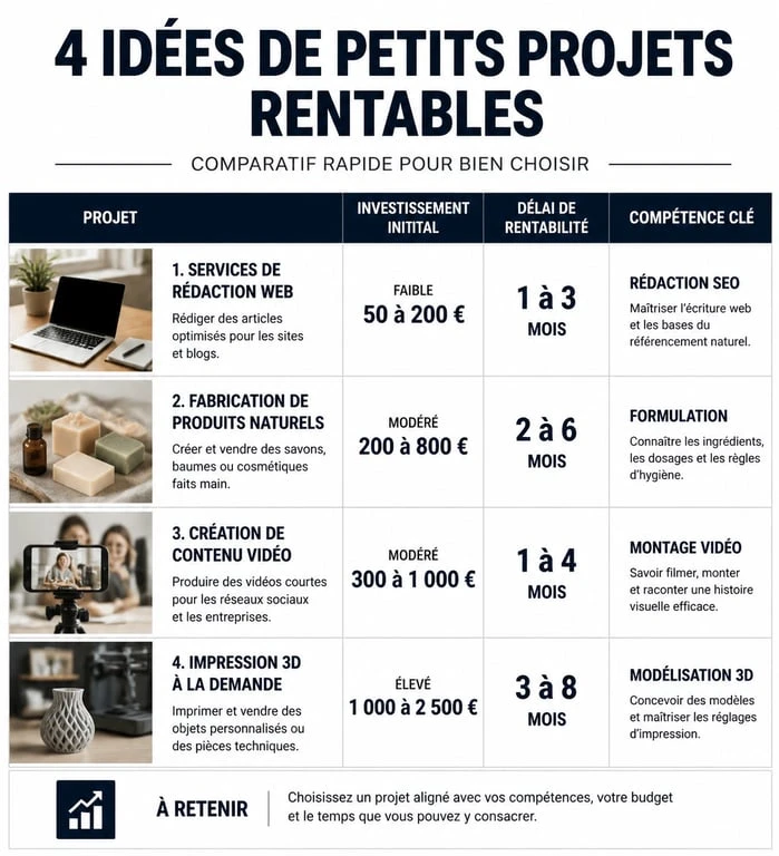 Infographie comparative des idées de petit projet rentable avec budget et délai
