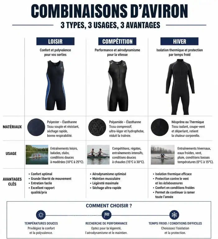 Infographie comparative des combinaisons d'aviron : choisir sa tenue selon sa pratique