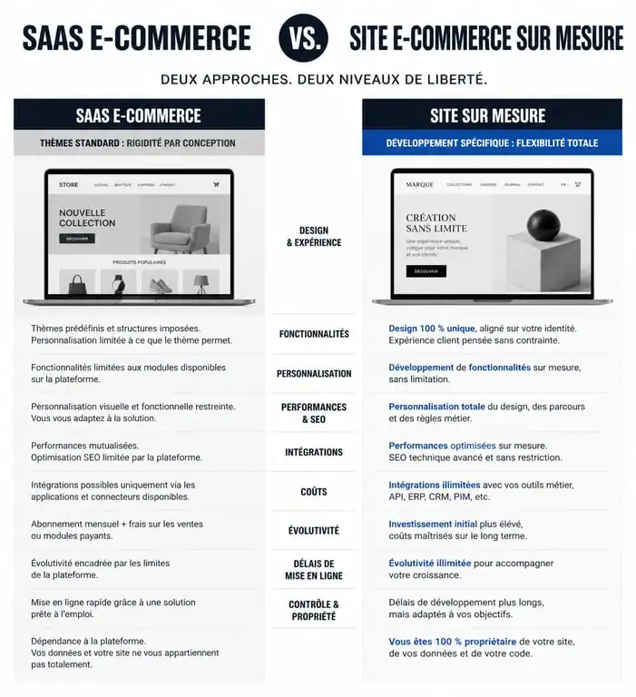 Infographie comparative entre site e-commerce SaaS et site e-commerce sur mesure pour entreprises en croissance