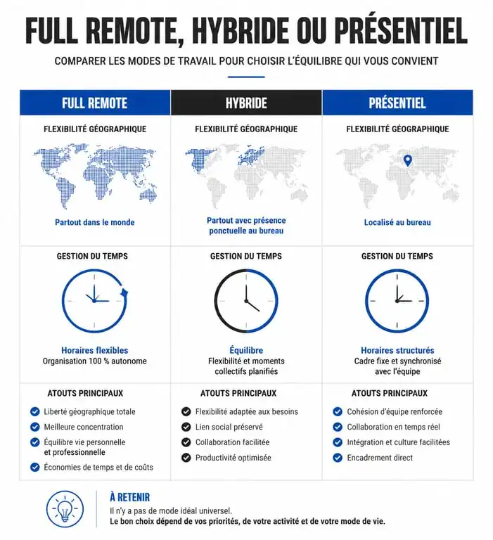 Comparatif des modes de travail : Full Remote, Hybride et Présentiel