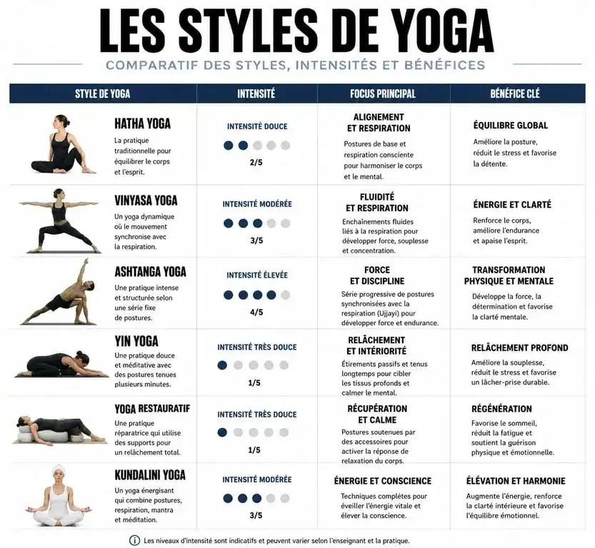 Infographie comparative des différents types de yoga : Hatha, Vinyasa, Yin, Ashtanga, Iyengar, Kundalini, Bikram et Restauratif.