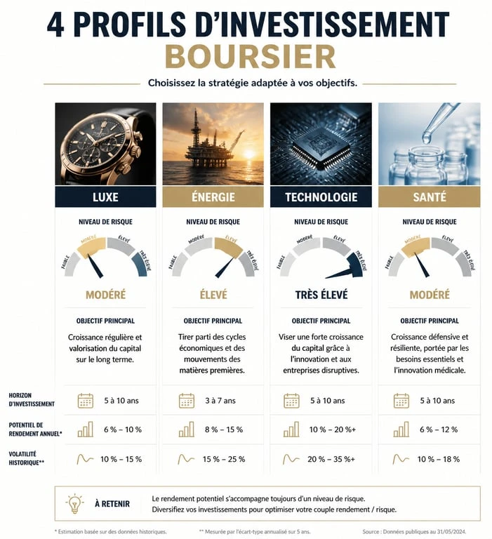Infographie des secteurs boursiers et profils de risque pour choisir la meilleure action en bourse
