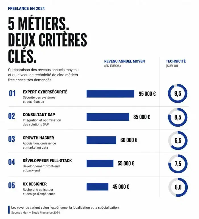 Infographie comparative des revenus et technicité des métiers freelances les mieux payés