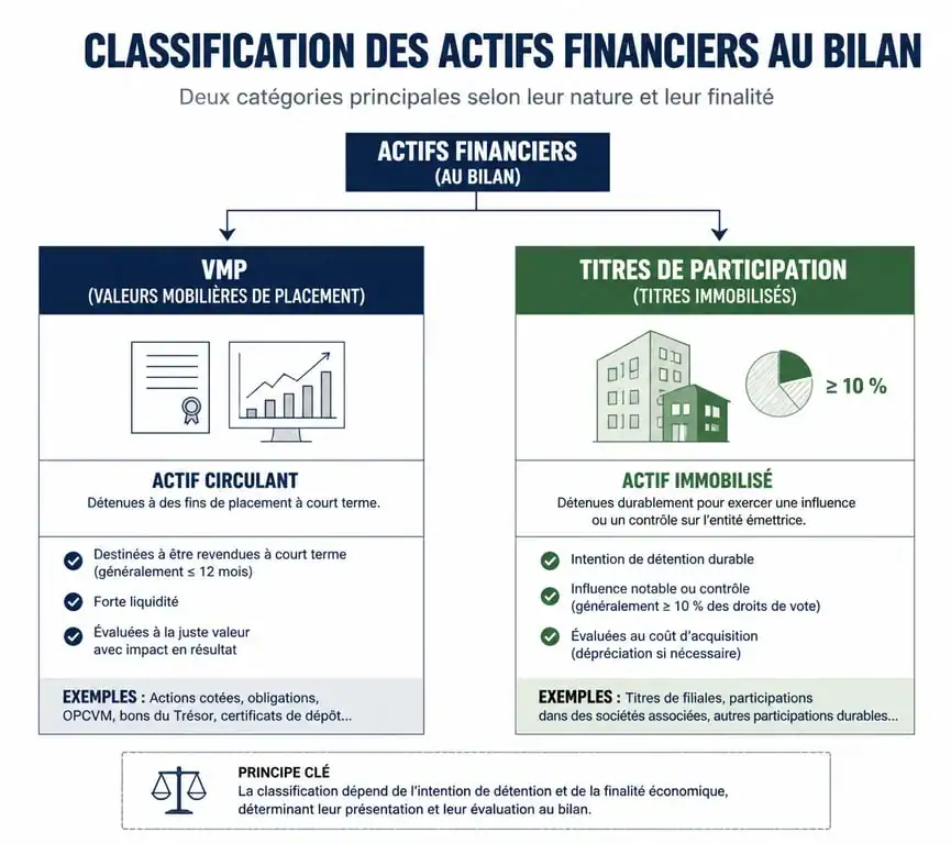 Infographie comparative des valeurs mobilières de placement et titres de participation au bilan comptable
