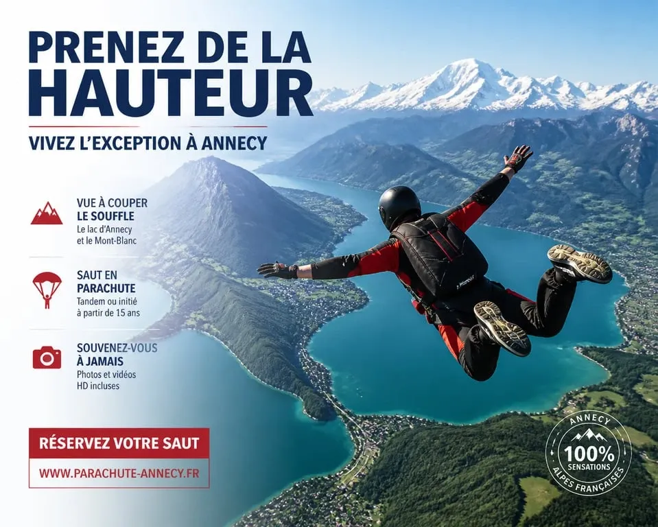 Saut en parachute au-dessus du lac d'Annecy avec vue sur les Alpes
