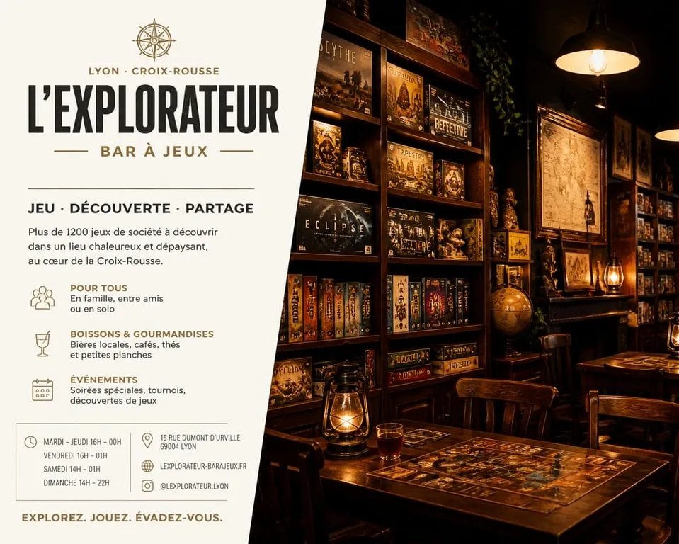 Ambiance immersive et décoration de style cabinet de curiosités au bar à jeux Les Arpenteurs à Lyon