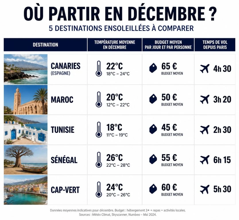 Infographie comparative des destinations pour un voyage pas cher dans un pays chaud en décembre