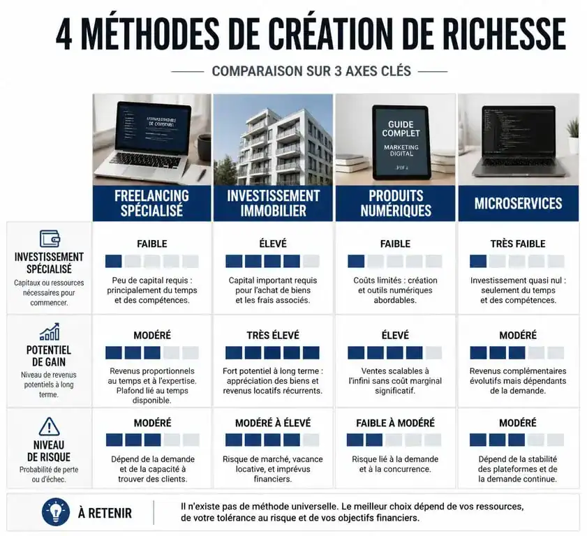Infographie comparative des méthodes pour gagner beaucoup d'argent : freelancing, immobilier, produits numériques et microservices.