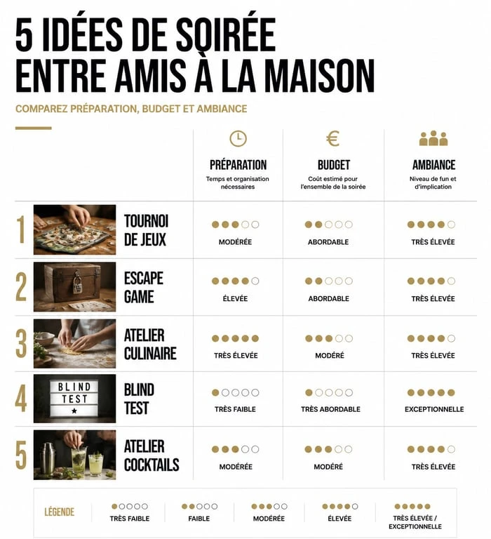 Infographie comparative des activités à faire entre amis à la maison pour une soirée réussie