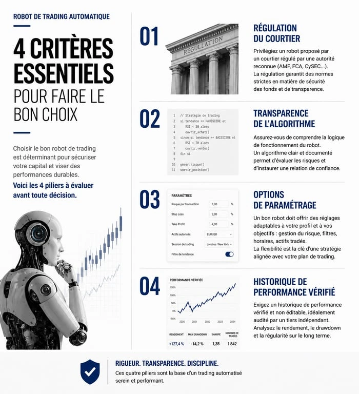 Infographie des critères de sélection pour choisir un robot de trading automatique fiable