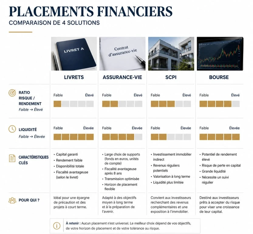 Infographie comparative des placements financiers : risque, rendement et liquidité pour savoir où mettre son argent