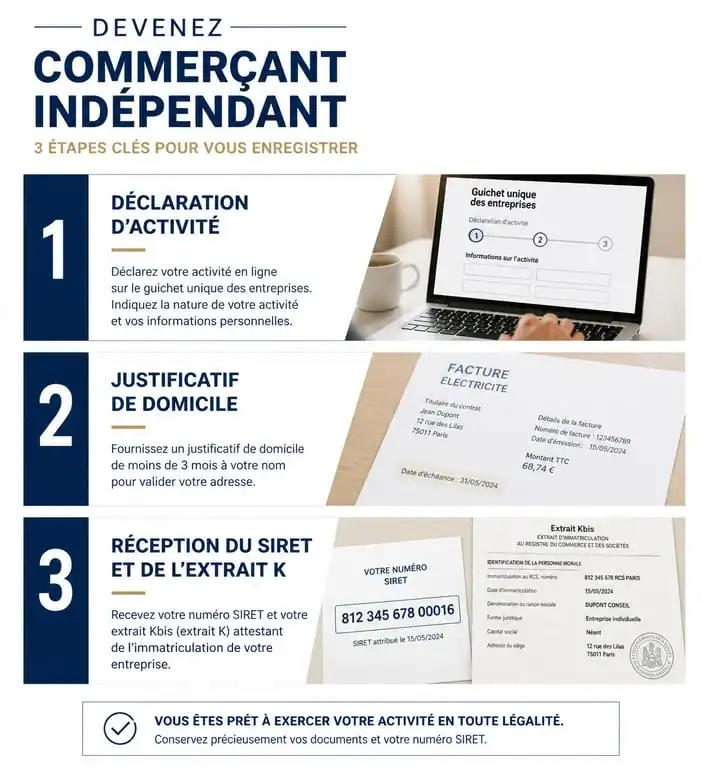 Infographie des étapes d'immatriculation pour une affaire personnelle commerçant