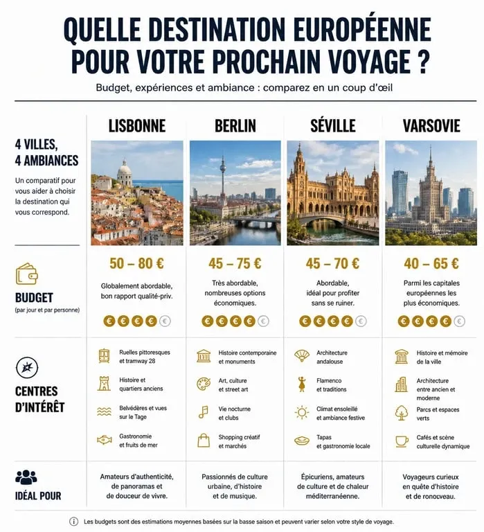 Infographie comparative des destinations pour un week-end en Europe : budget et intérêts par ville