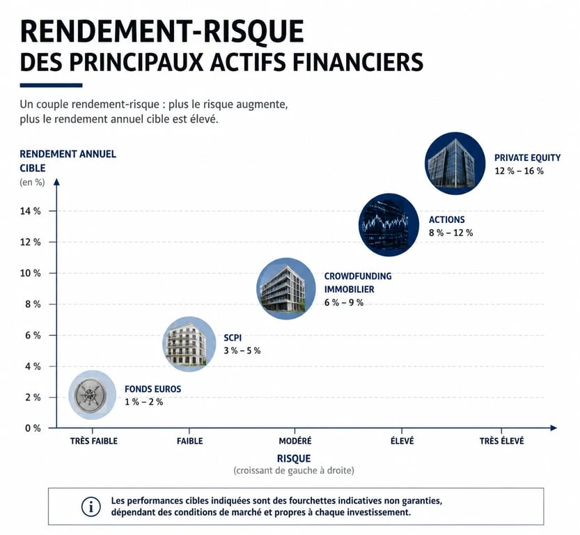 Infographie comparative risque rendement des placements financiers pour atteindre 10 par an