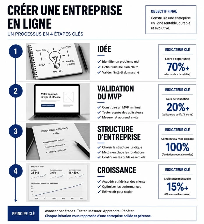 Infographie du processus pour lancer un business en ligne, de l'idée au lancement