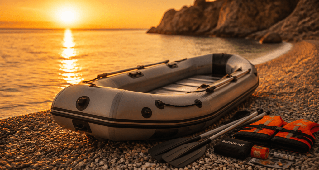 gonflable bateau sur plage au coucher du soleil