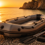 gonflable bateau sur plage au coucher du soleil