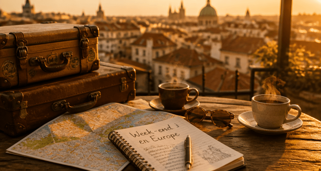 Weekend en Europe valises café carnet terrasse