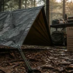 Bache militaire tendue pour bivouac sec et indétectable en forêt
