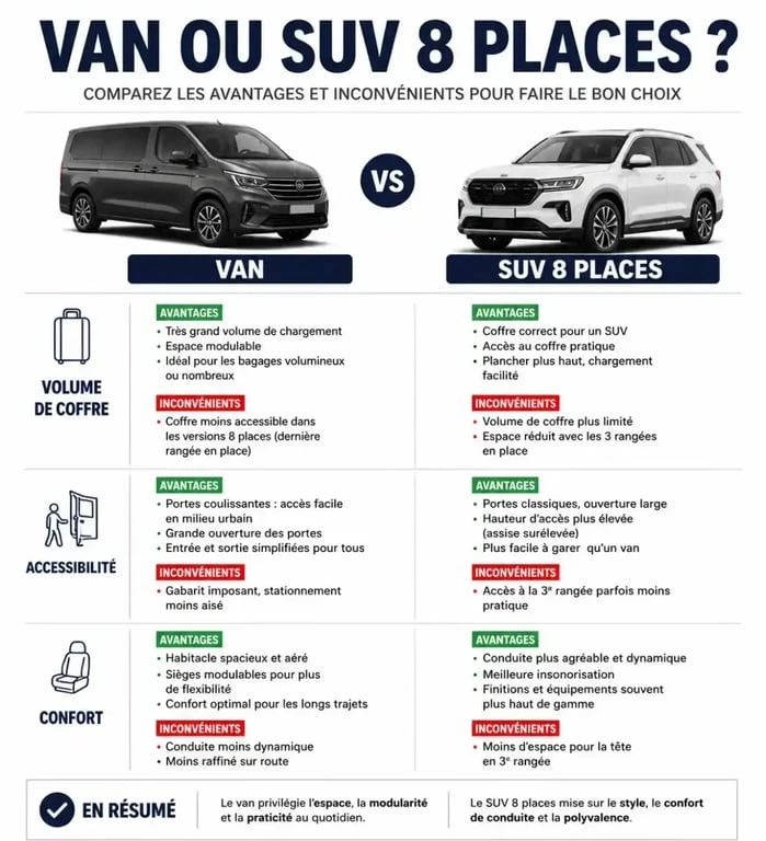 Infographie comparative voiture 8 places : van vs SUV pour famille nombreuse
