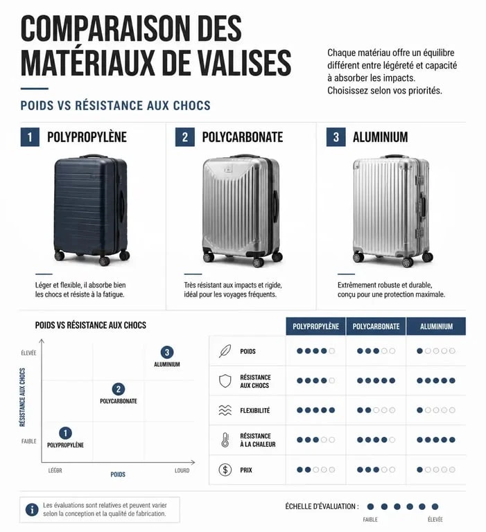 Comparatif des matériaux de valise résistante : polypropylène, polycarbonate et aluminium pour choisir sa valise.