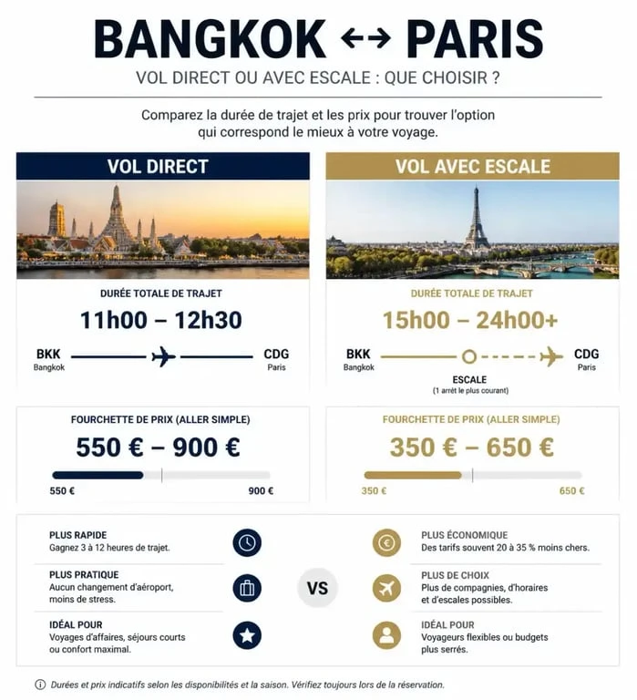 Infographie comparative des vols Bangkok Paris : durée et prix selon le type de liaison