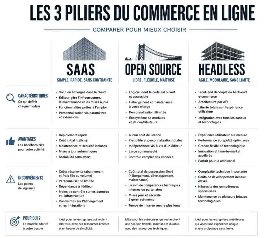 Infographie comparative des solutions e-commerce : SaaS, Open Source et Headless pour choisir sa plateforme de vente en ligne