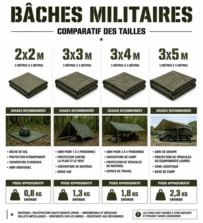 Tableau comparatif des dimensions et usages des bâches militaires pour le bivouac