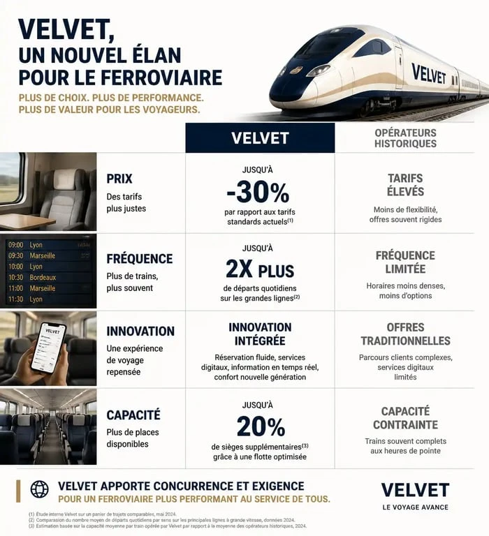 Infographie comparative des avantages de la nouvelle compagnie ferroviaire Velvet face à la SNCF
