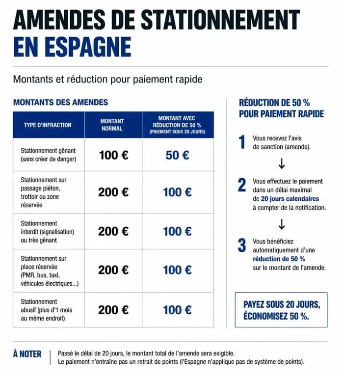 Infographie explicative des amendes de stationnement en Espagne et des réductions possibles