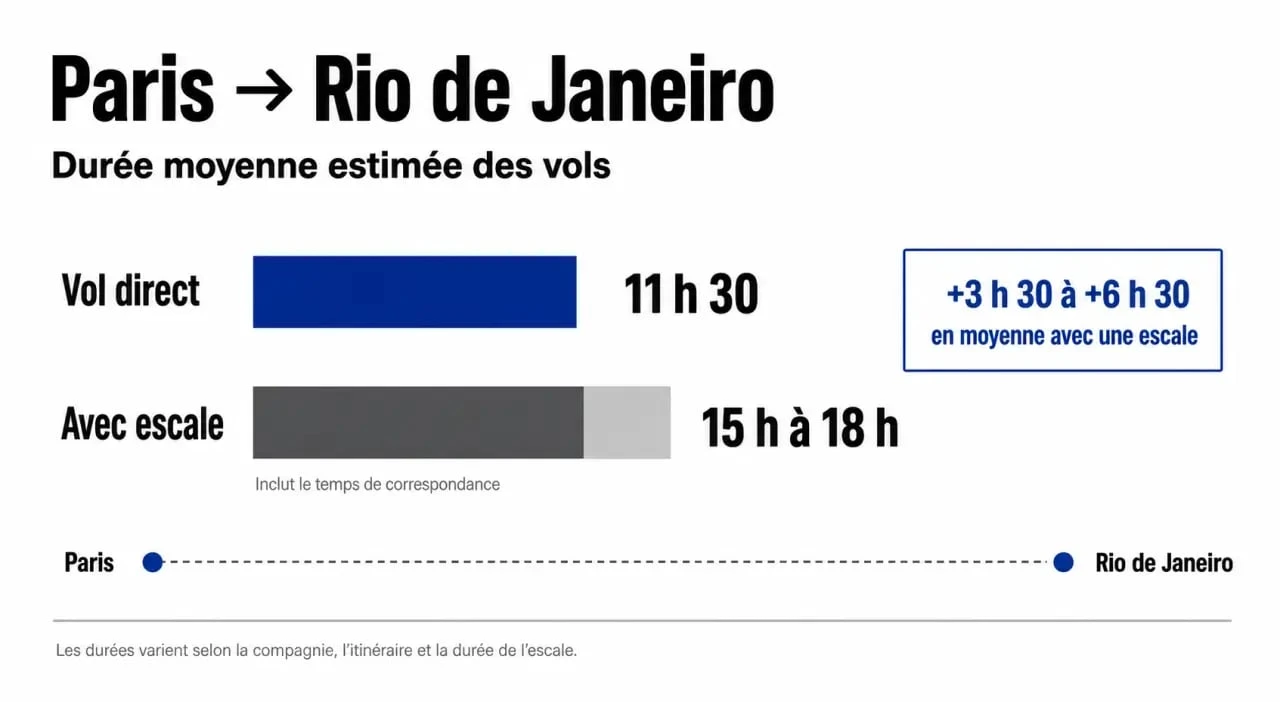 Infographie comparant le temps de vol Paris Rio de Janeiro direct et avec escale