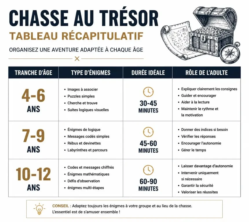 Infographie récapitulative pour organiser une chasse au trésor enfant par tranche d'âge