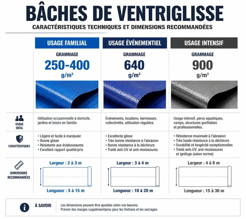 Tableau comparatif des caractéristiques techniques d'une bâche ventriglisse selon l'usage
