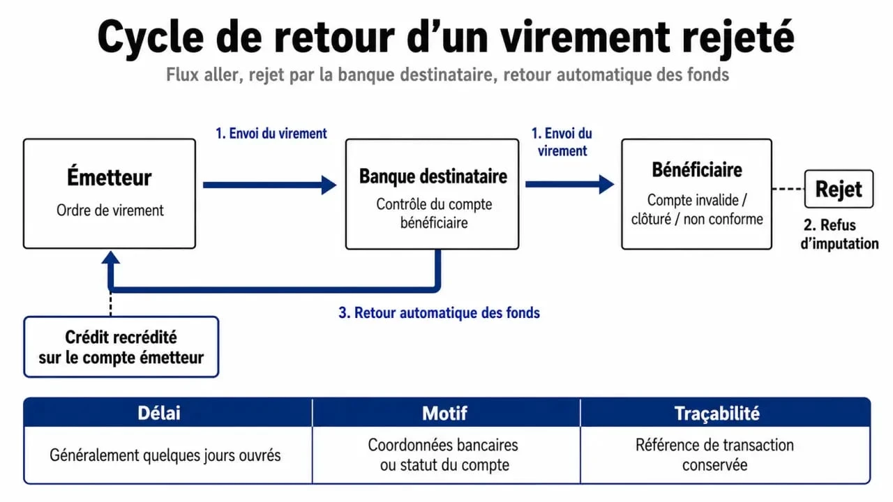 Schéma du processus de rejet et de retour d'un virement sur un compte clôturé