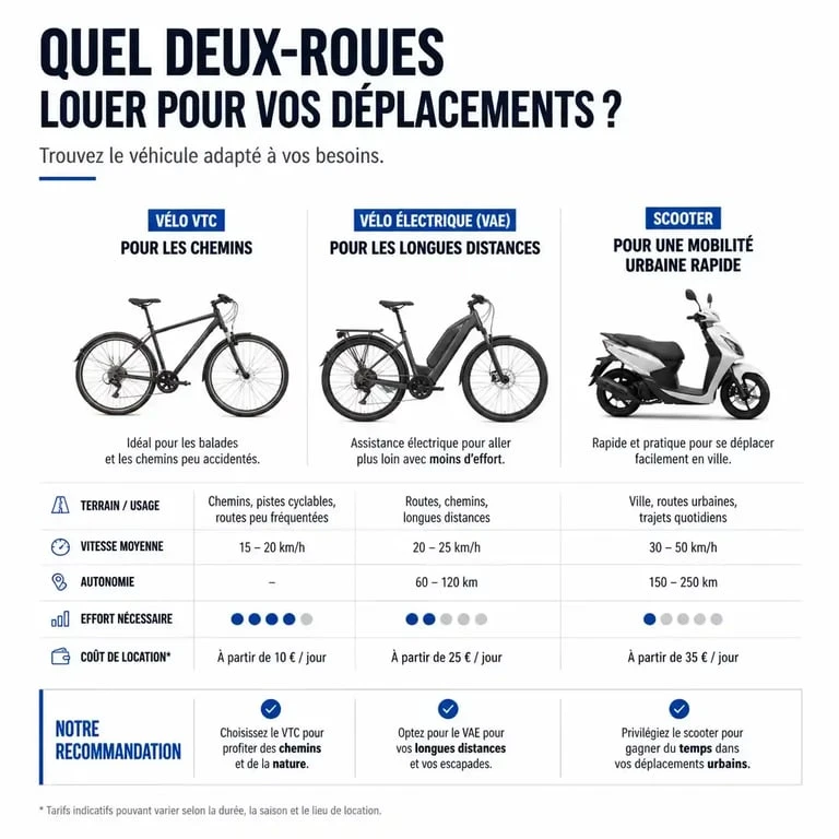 Infographie comparative des types de véhicules pour la location de vélos et scooters (bike loc)