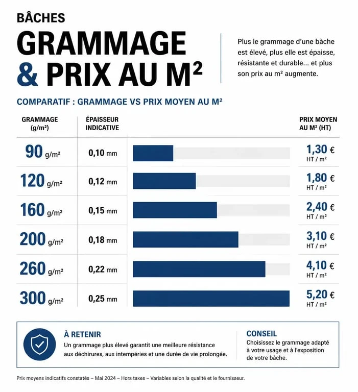 Infographie comparative des prix au m2 des bâches de camion selon le grammage et l'usage