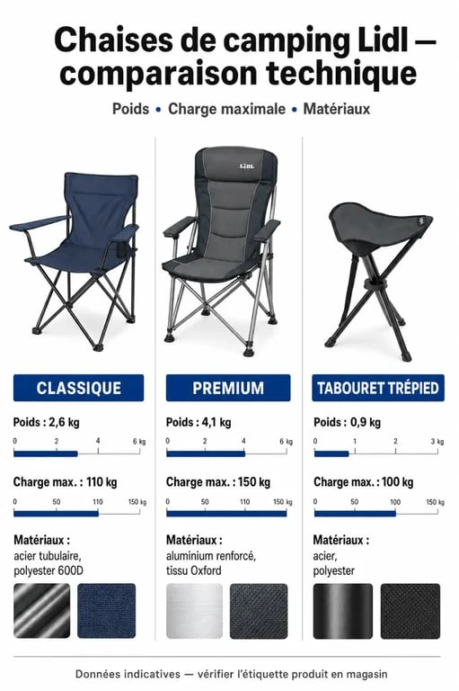 Comparatif des caractéristiques techniques des chaises de camping Lidl : poids, charge maximale et matériaux des modèles Crivit