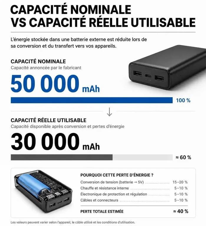 Infographie expliquant la différence entre capacité nominale et réelle pour une batterie externe 50000mAh